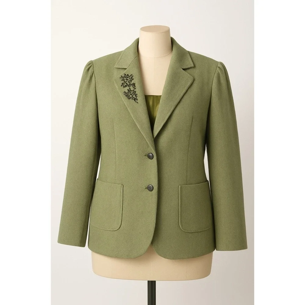 VTG Old Navy Womens Size XXL Beaded Herringbone Wool Blend Jacket Tweed Olive - Picture 1 of 10